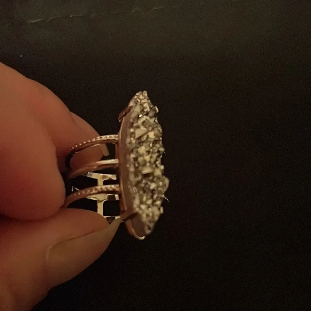 NWT! Rhodium Platinum Druzy Quartz Triple Tiered Ring Size 7